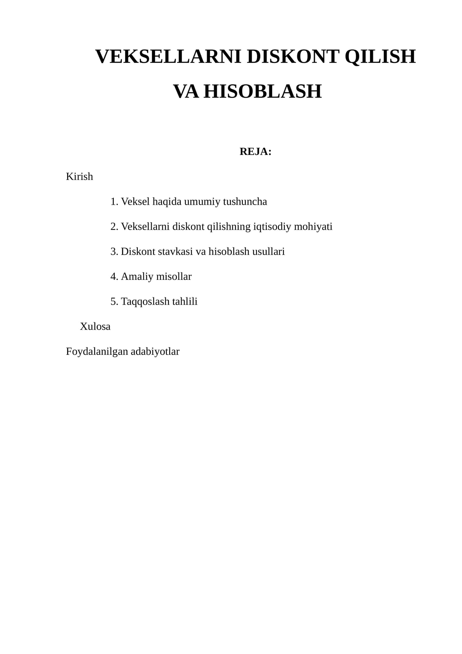 VEKSELLARNI DISKONT QILISH VA HISOBLASH