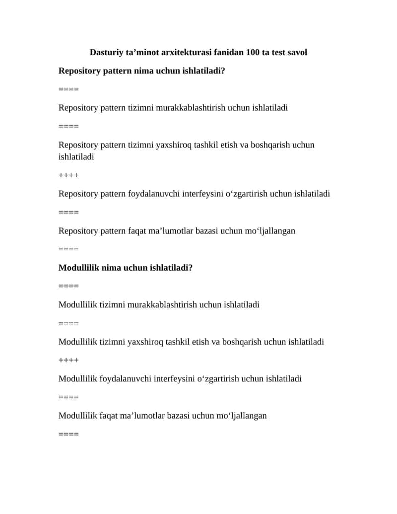 Dasturiy ta’minot arxitekturasi fanidan 100 ta test savol
