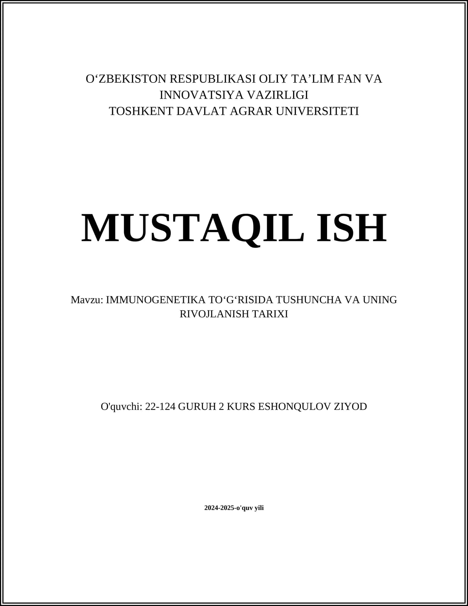 IMMUNOGENETIKA TOʻGʻRISIDA TUSHUNCHA VA UNING RIVOJLANISH TARIXI