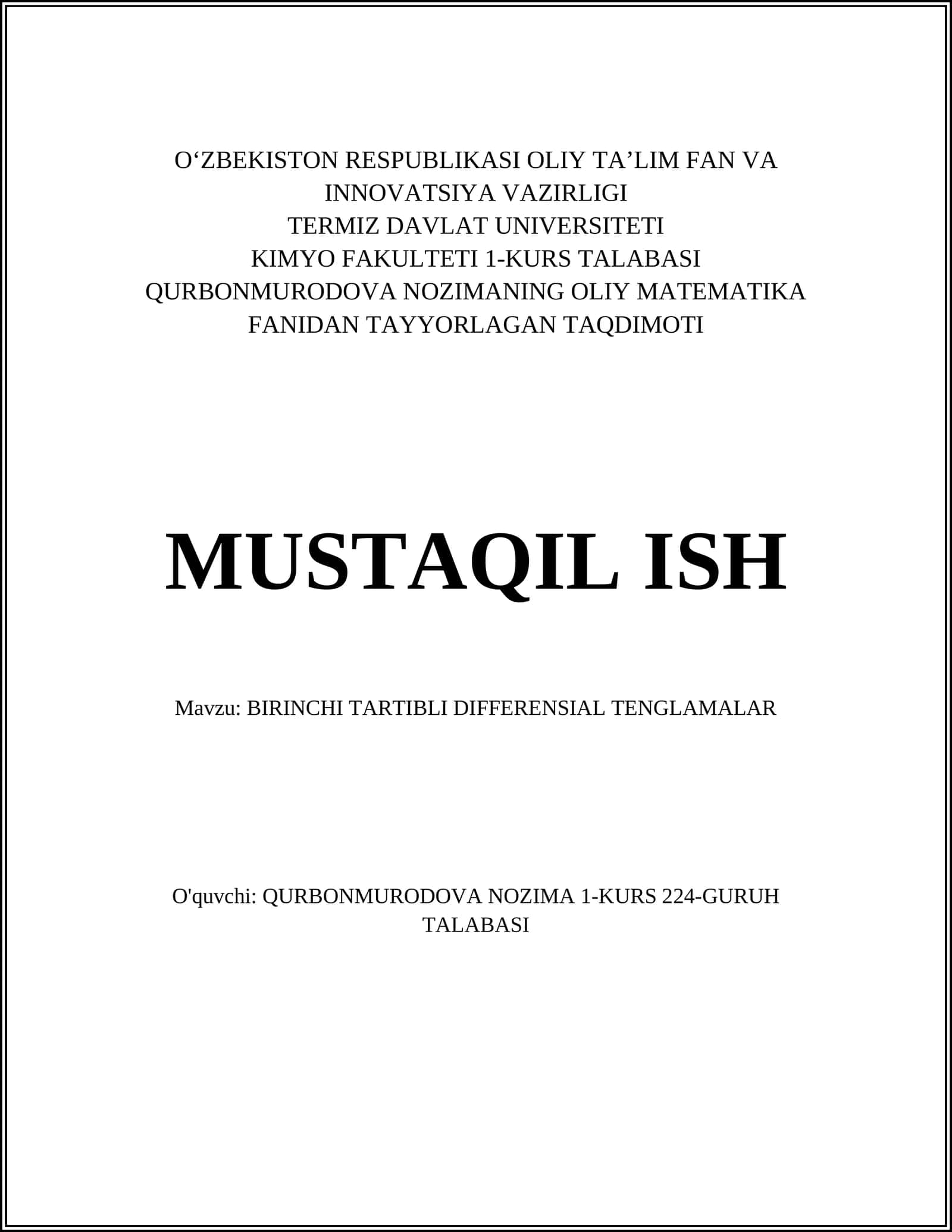 BIRINCHI TARTIBLI DIFFERENSIAL TENGLAMALAR