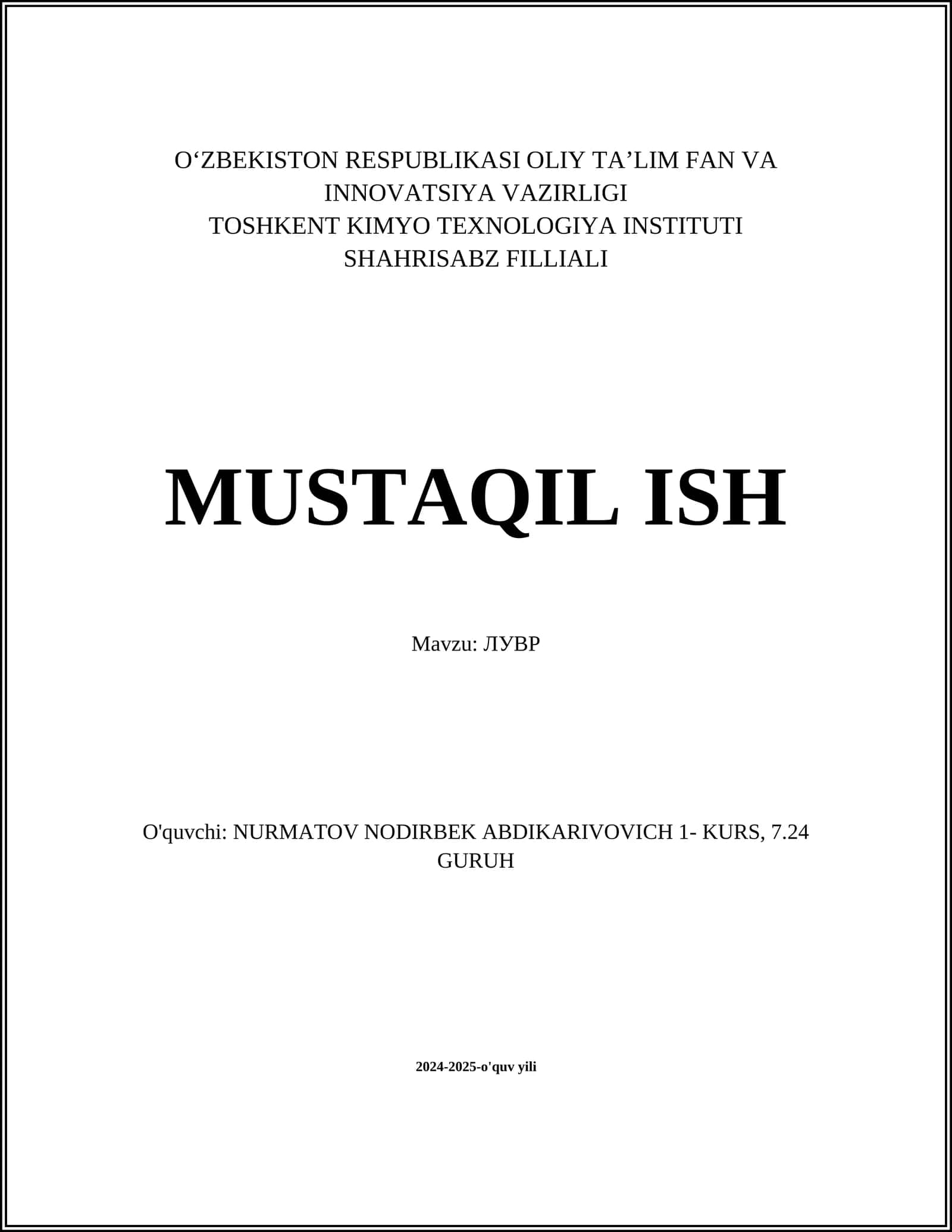 MUSTAQIL ISH Mavzu: ЛУВР