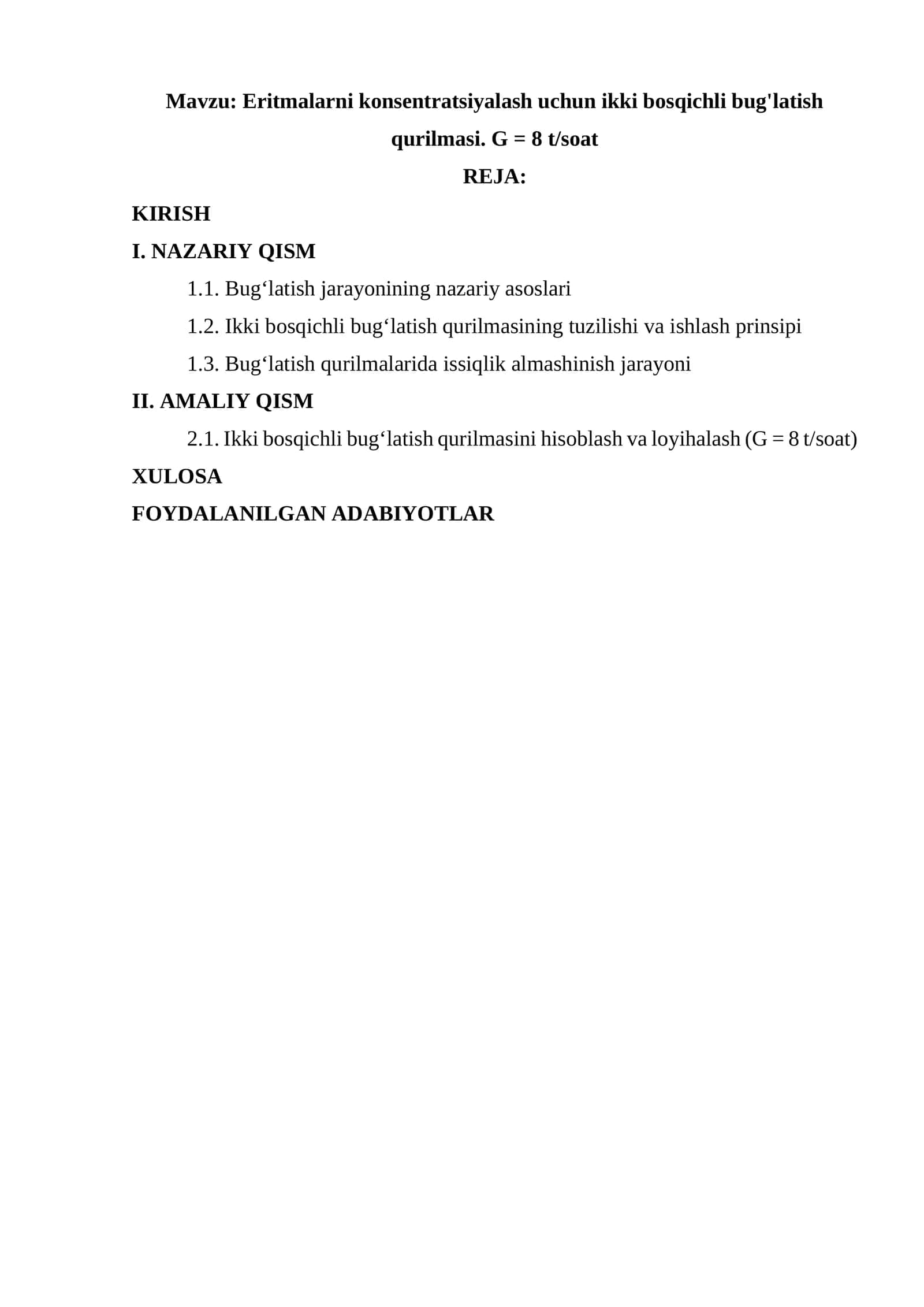 Eritmalarni konsentratsiyalash uchun ikki bosqichli bug'latish qurilmasi. G = 8 t/soat