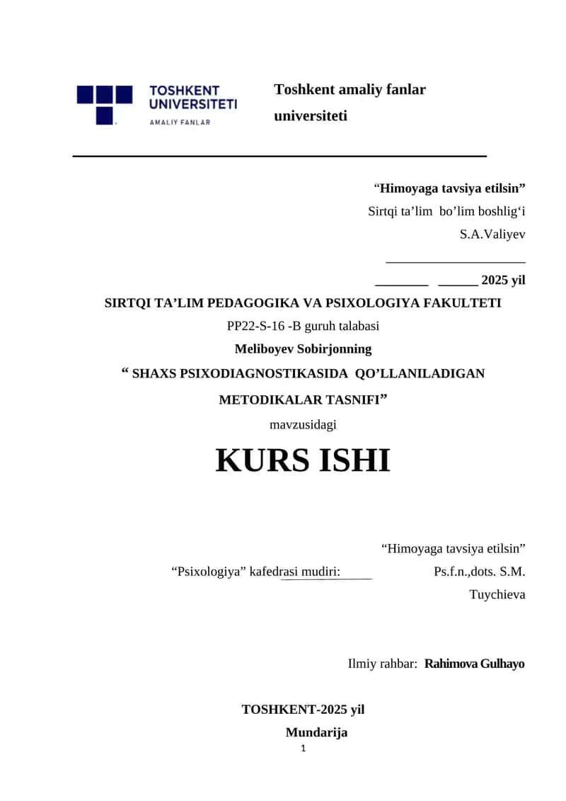 SHAXS PSIXODIAGNOSTIKASIDA QO’LLANILADIGAN METODIKALAR TASNIFI