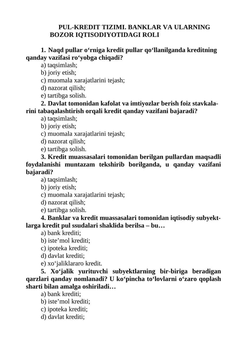 PUL-KREDIT TIZIMI. BANKLAR VA ULARNING BOZOR IQTISODIYOTIDAGI ROLI