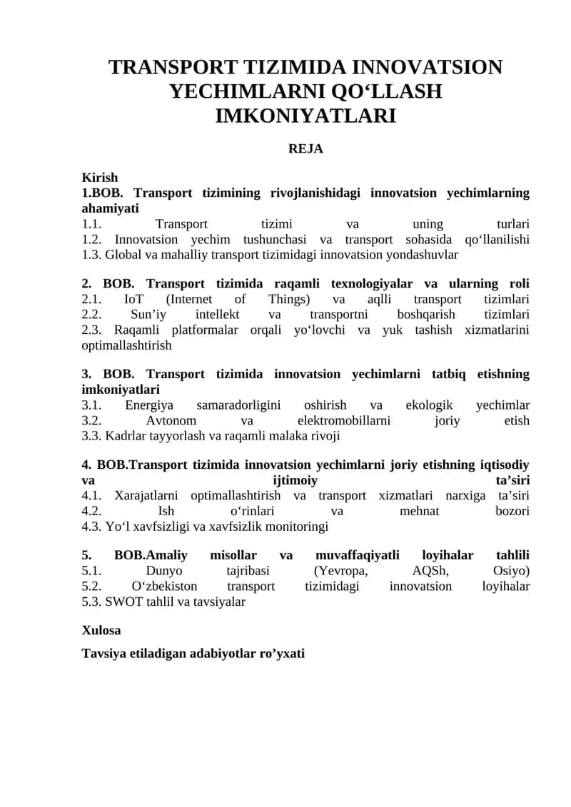 TRANSPORT TIZIMIDA INNOVATSION YECHIMLARNI QO‘LLASH IMKONIYATLARI
