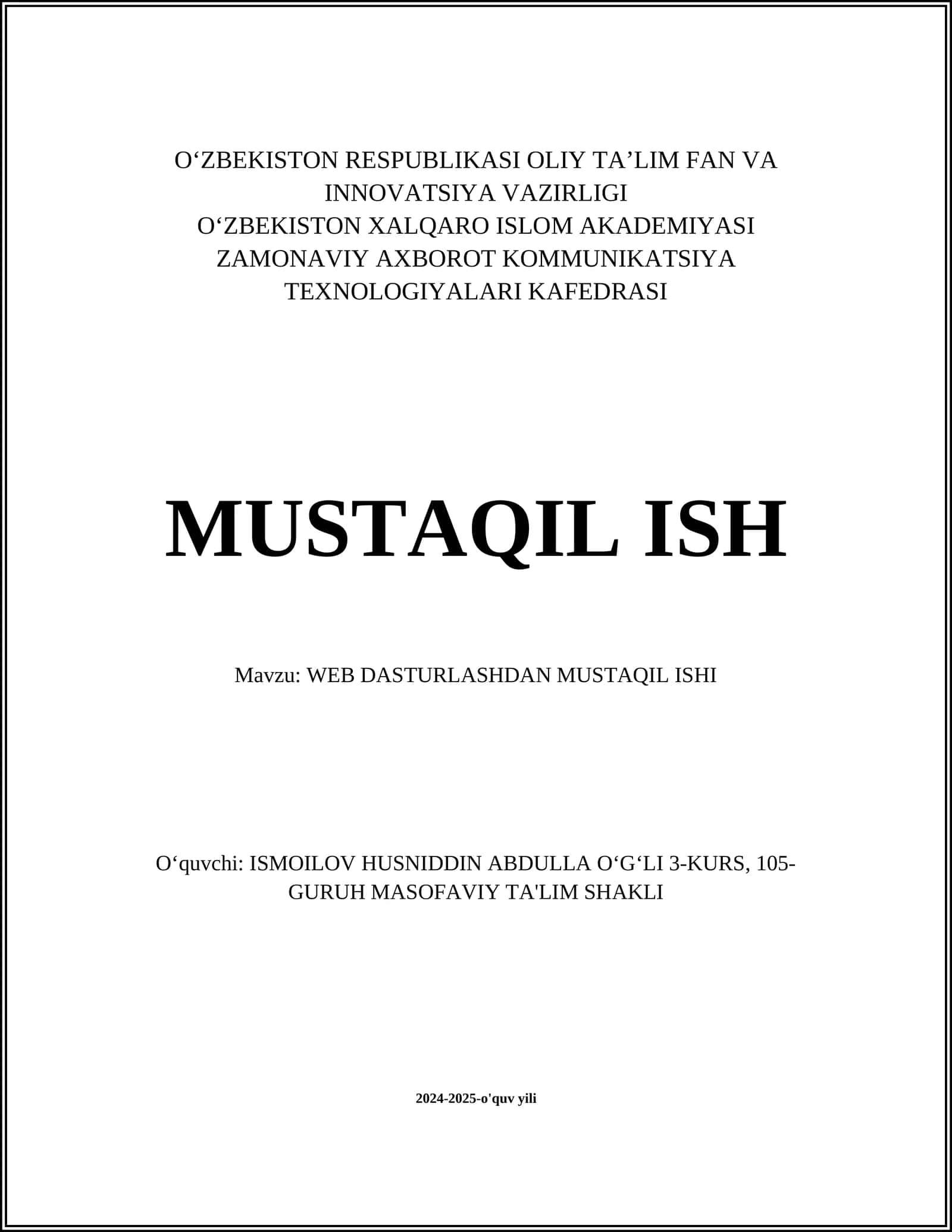 WEB DASTURLASHDAN MUSTAQIL ISHI