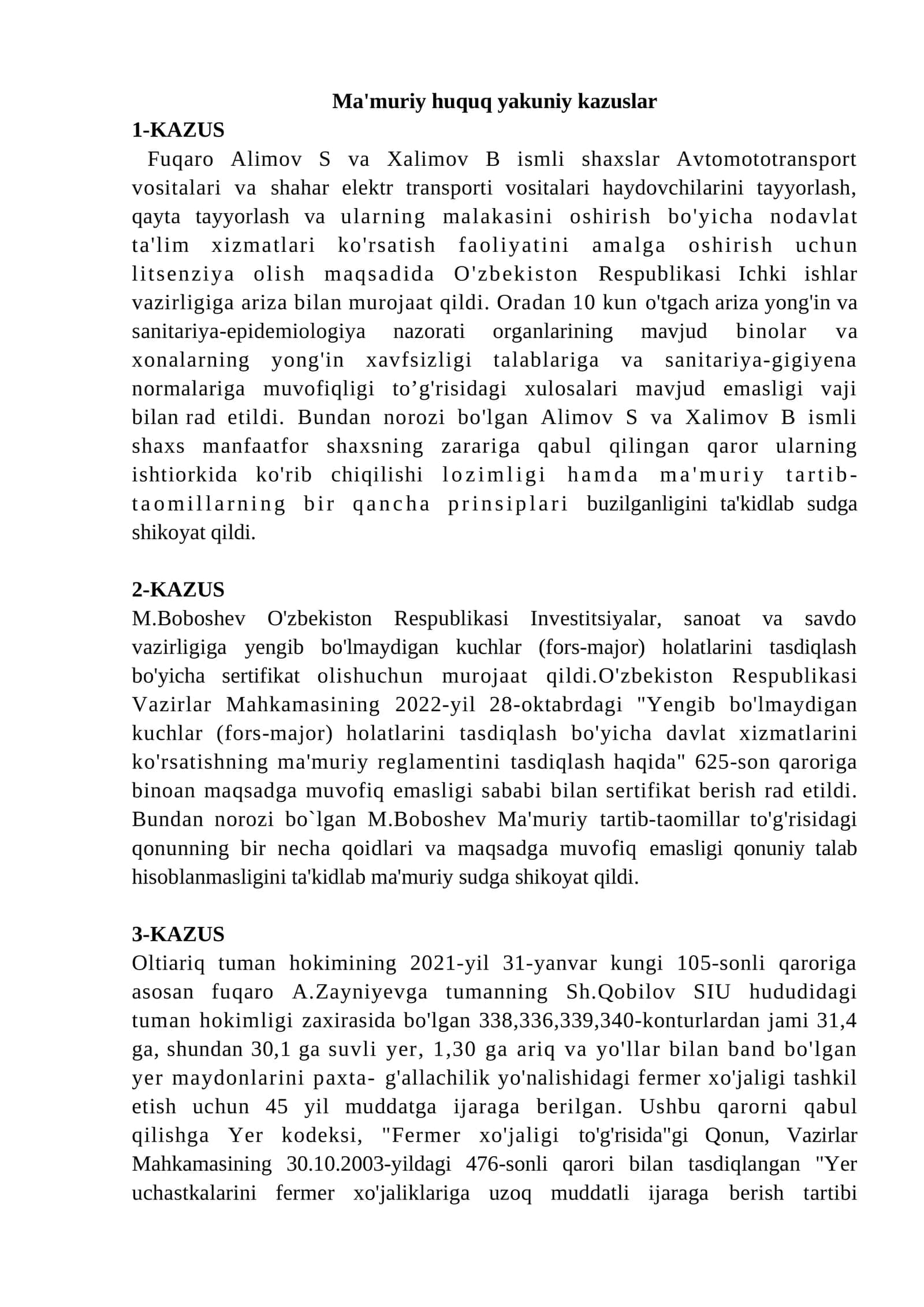 Ma'muriy huquq yakuniy kazuslar