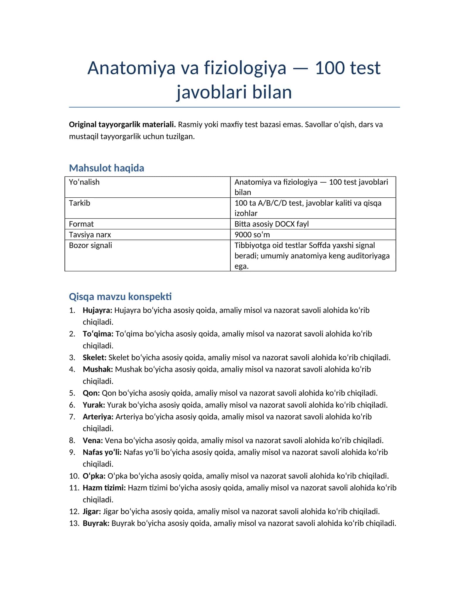Anatomiya va fiziologiya — 100 test javoblari bilan