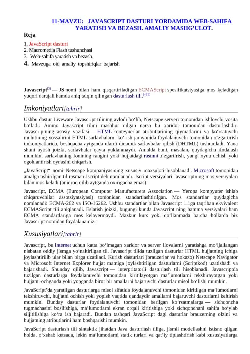 JavaScript dasturi yordamida Web-sahifa yaratish va bezash