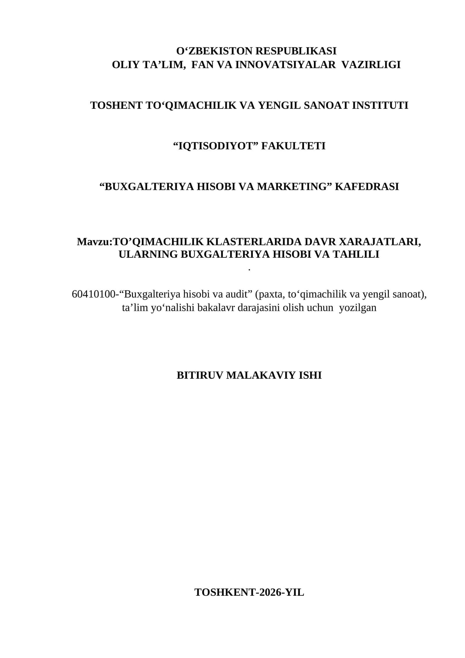 TO’QIMACHILIK KLASTERLARIDA DAVR XARAJATLARI, ULARNING BUXGALTERIYA HISOBI VA TAHLILI