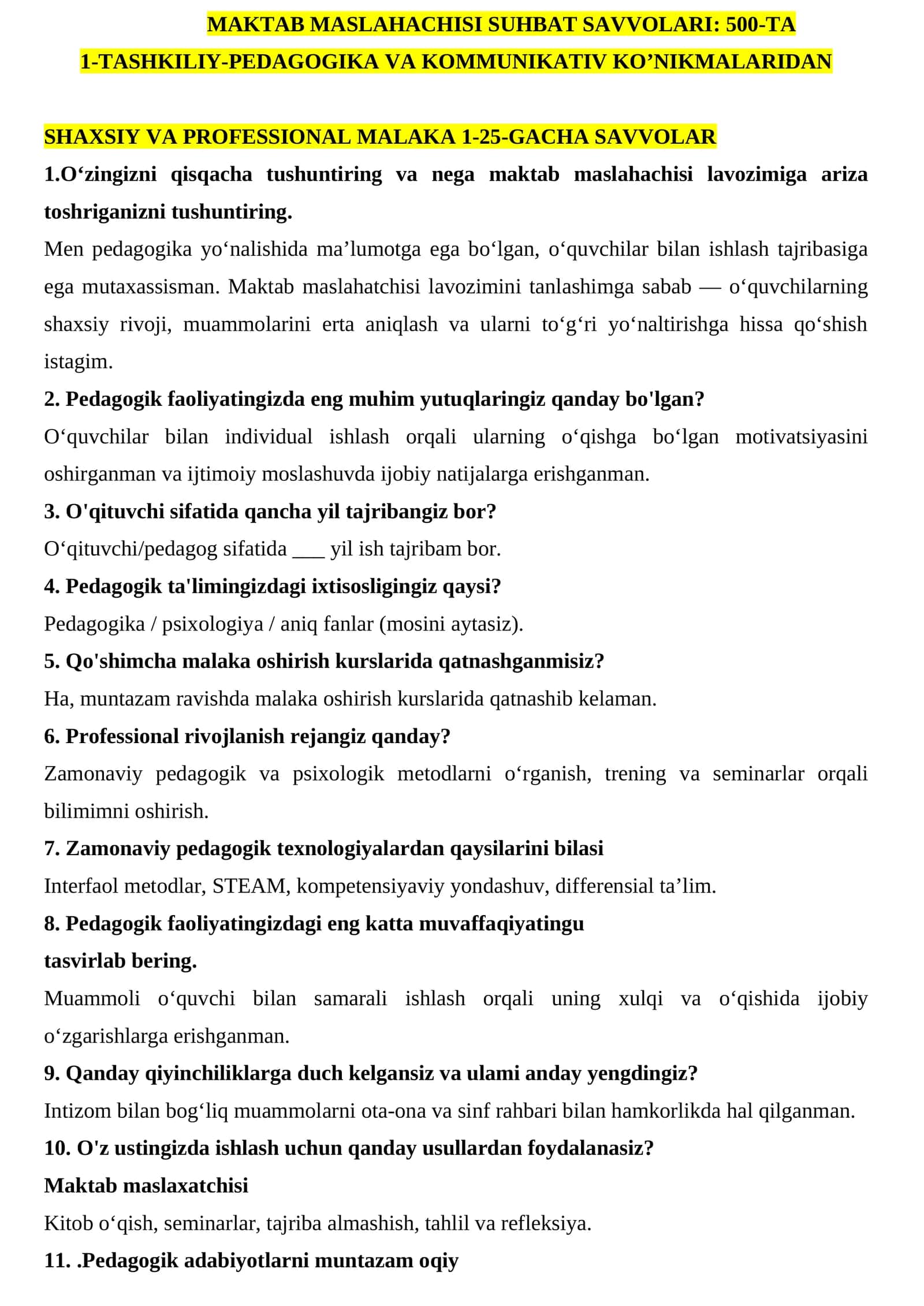 MAKTAB MASLAHACHISI SUHBAT SAVVOLARI 500 TA