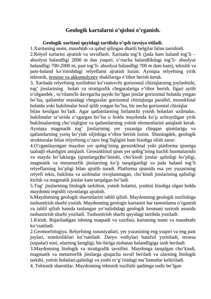 Geologik kartalarni o’qishni o’rganish