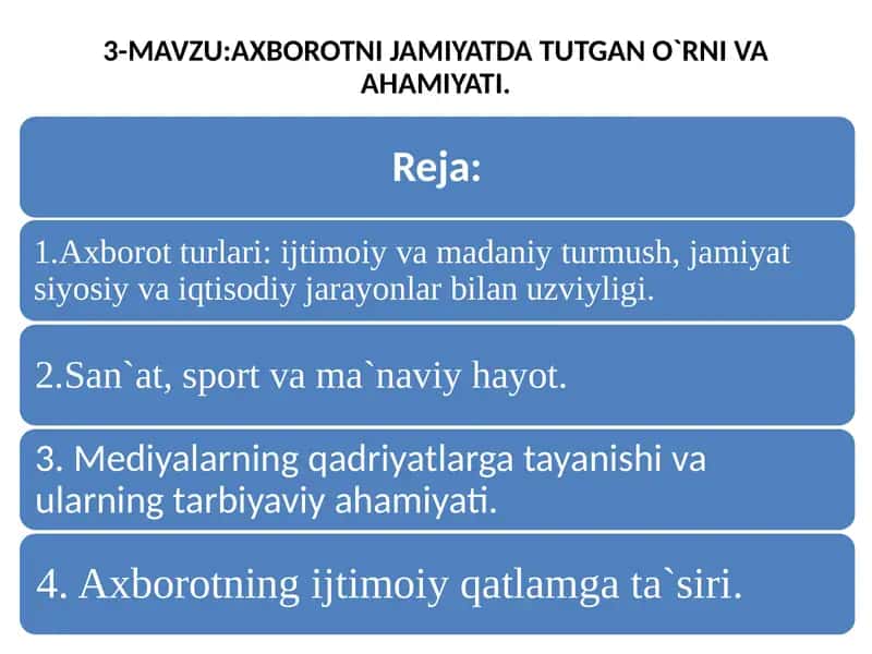 Axborotni jamiyatda tutgan o`rni va ahamiyati