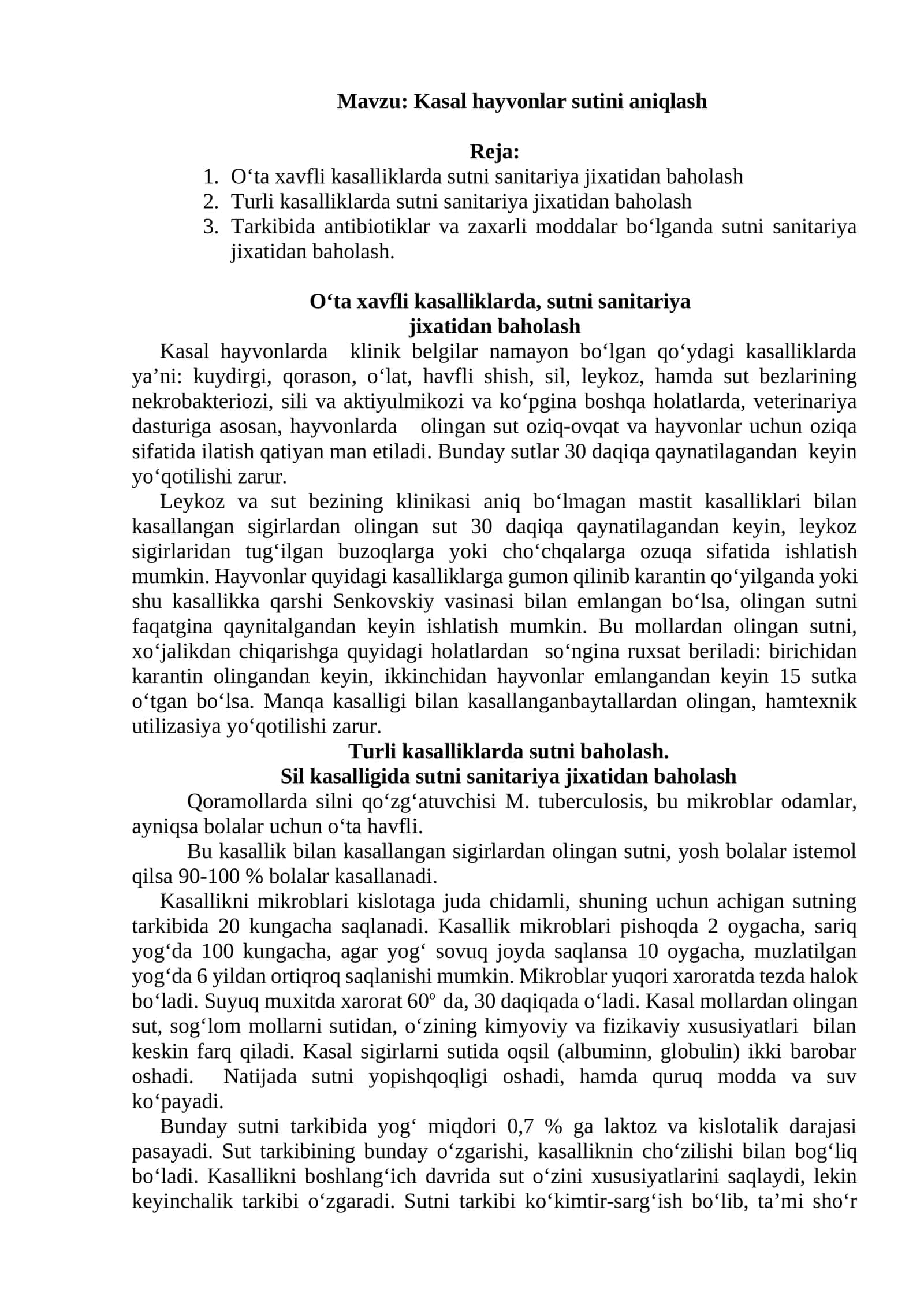 Kasal hayvonlar sutini aniqlash