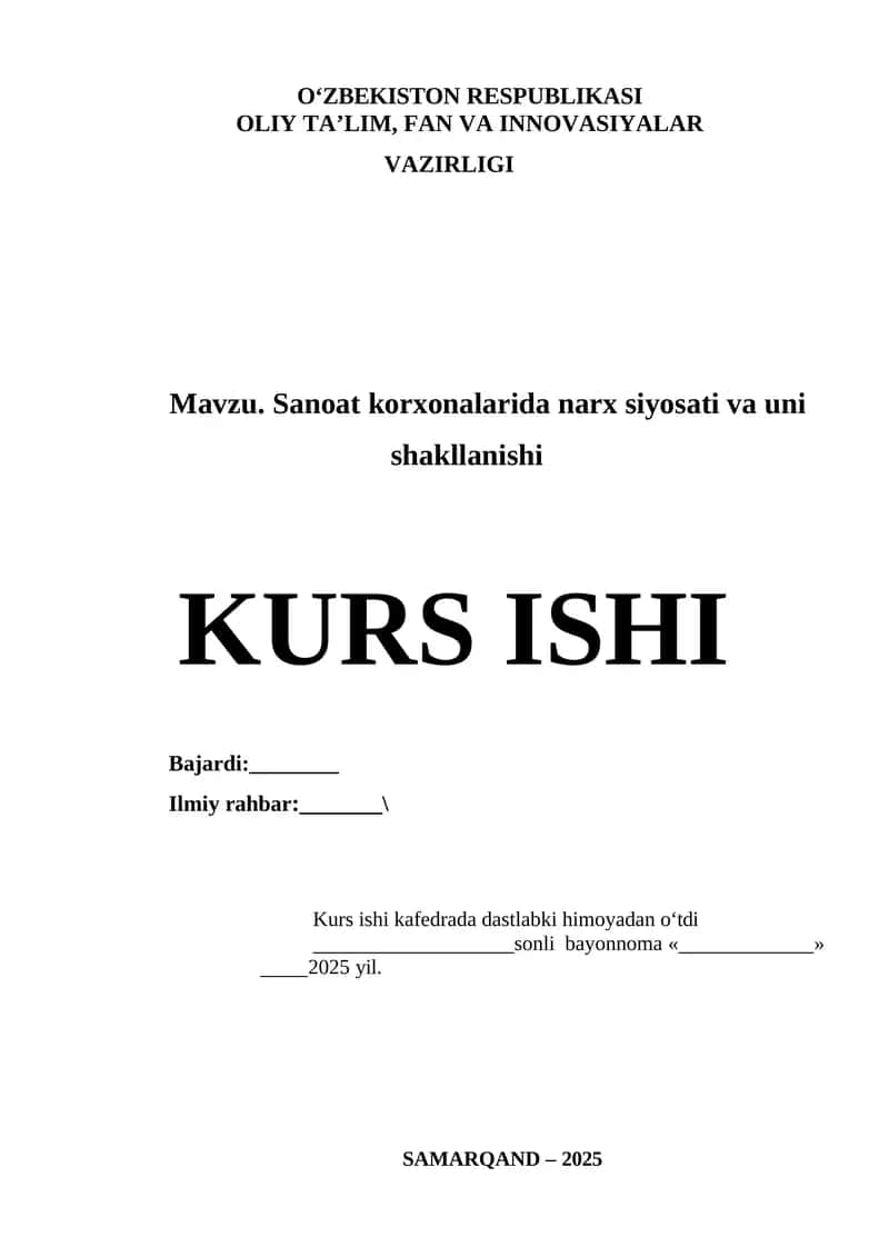 SANOAT KORXONALARIDA NARX SIYOSATI VA UNI SHAKLLANISHI