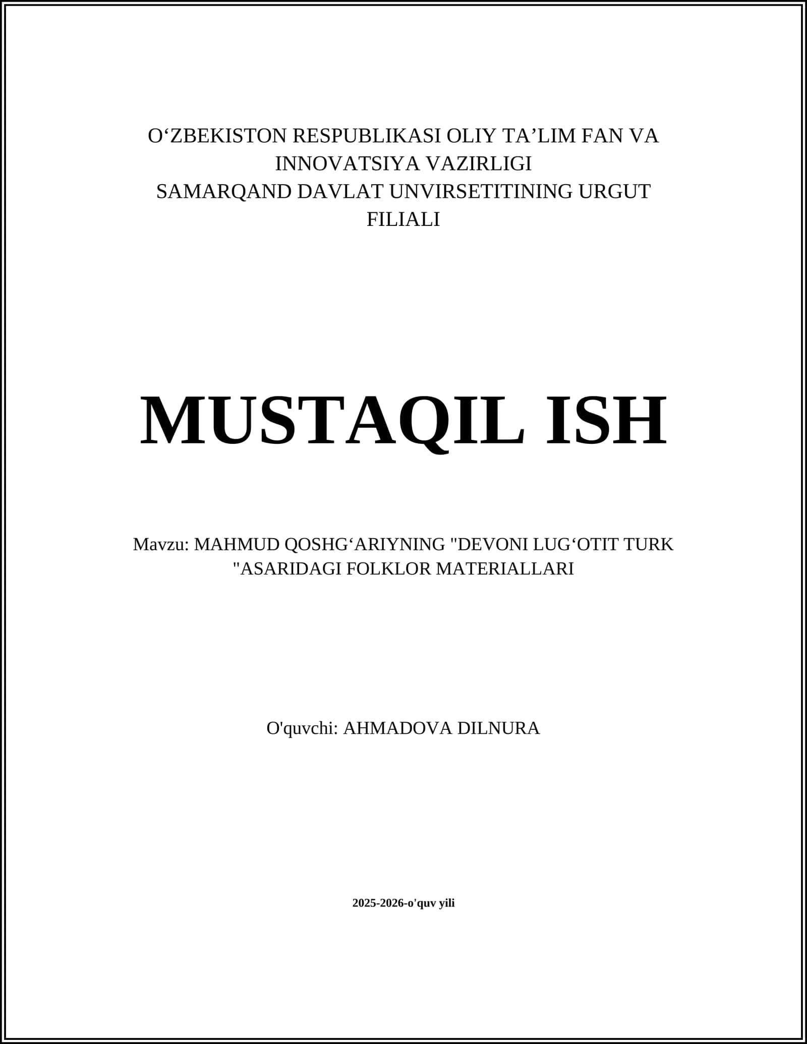MAHMUD QOSHGʻARIYNING "DEVONI LUGʻOTIT TURK "ASARIDAGI FOLKLOR MATERIALLARI