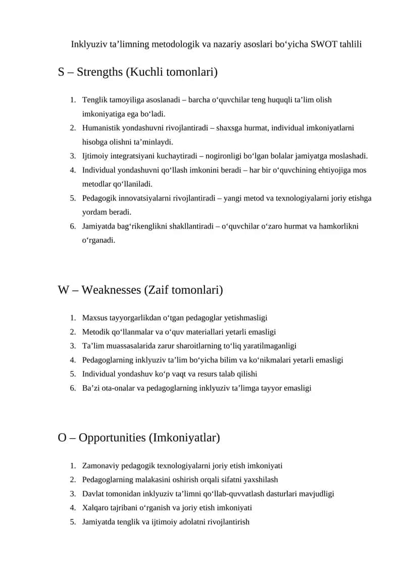 Inklyuziv ta’limning metodologik va nazariy asoslari bo‘yicha SWOT tahlili