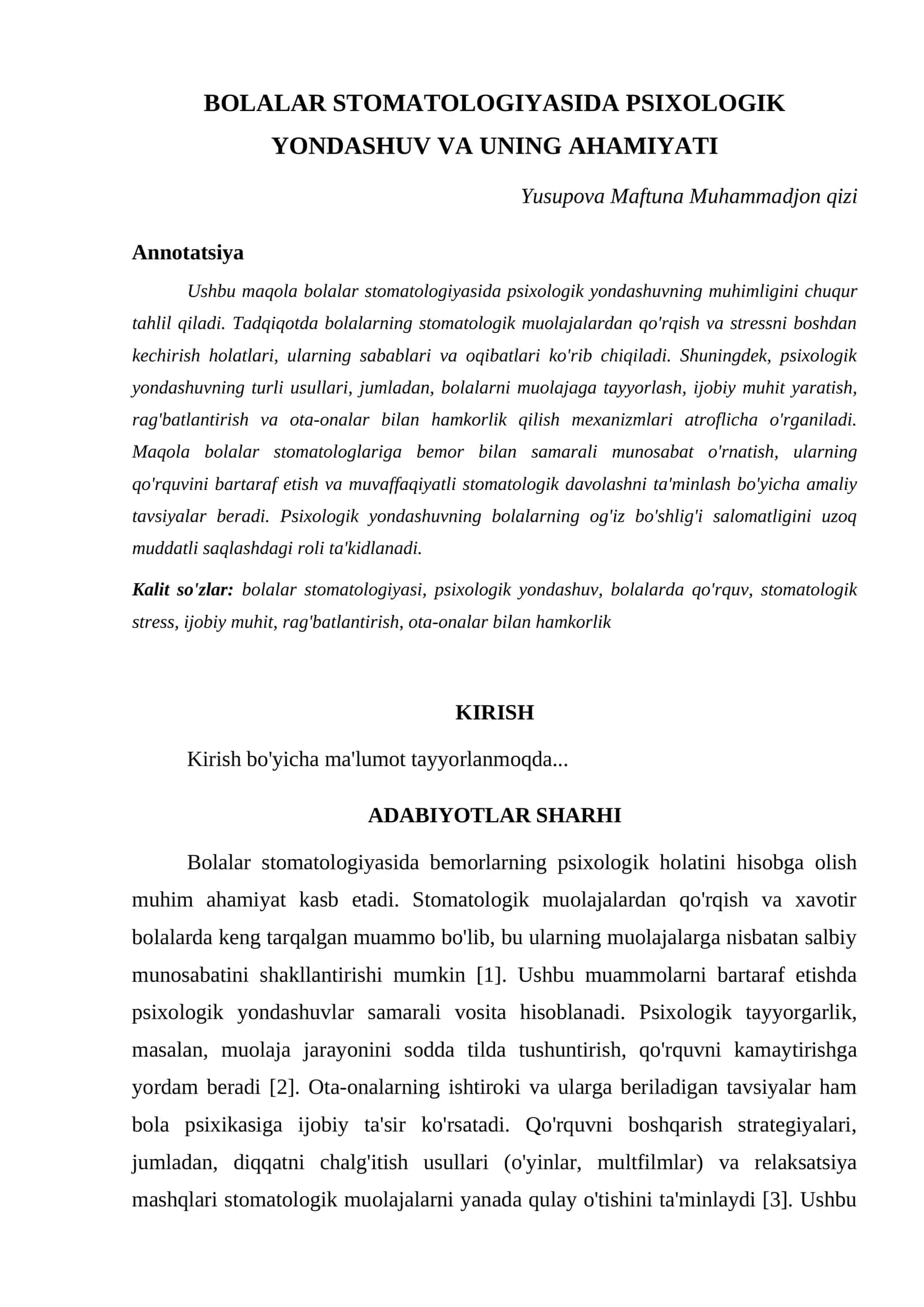 BOLALAR STOMATOLOGIYASIDA PSIXOLOGIK YONDASHUV VA UNING AHAMIYATI