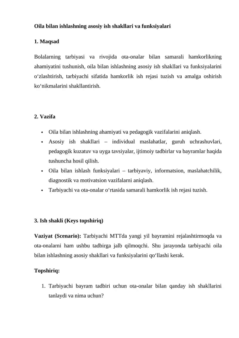 Oila bilan ishlashning asosiy ish shakllari va funksiyalari