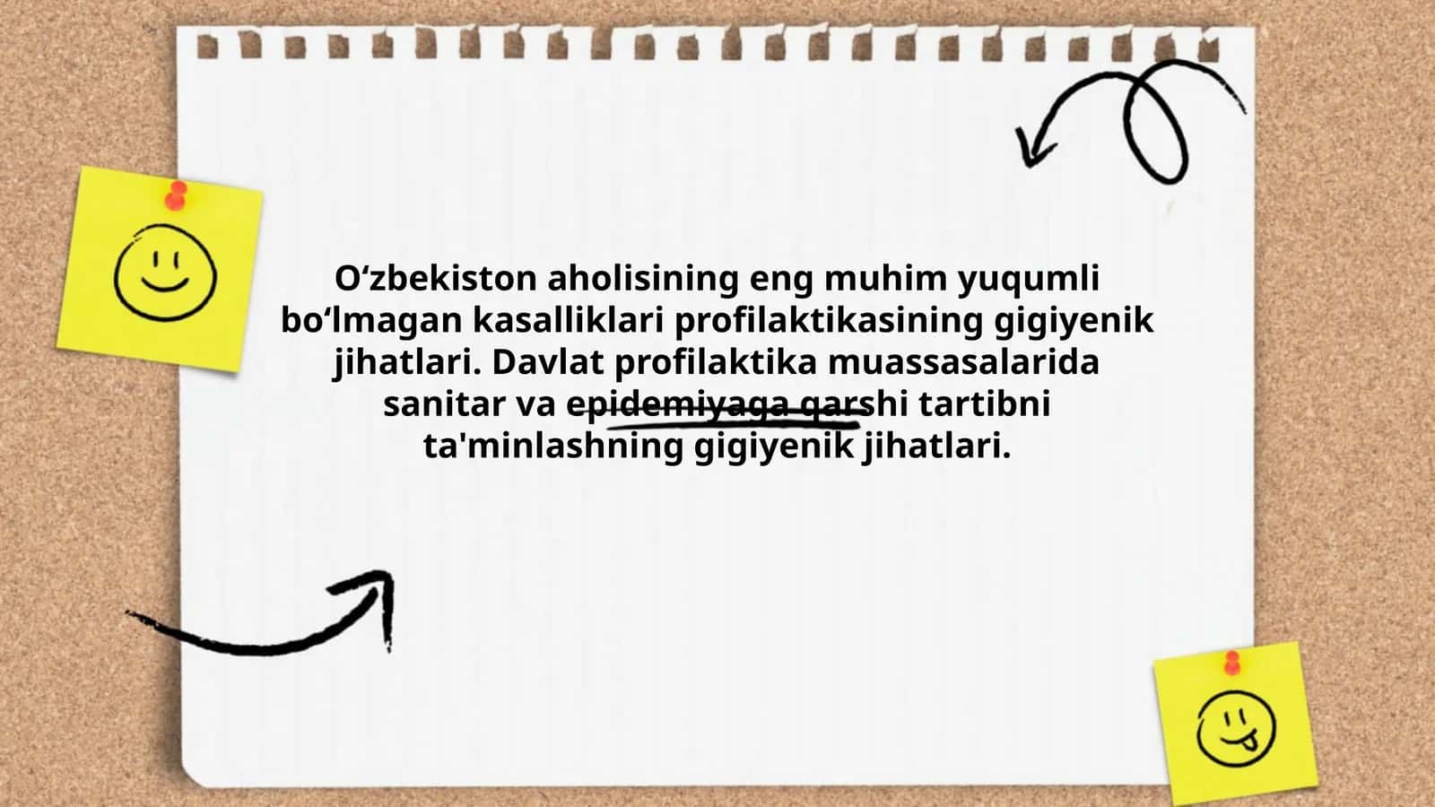 Oʻzbekiston aholisining eng muhim yuqumli boʻlmagan kasalliklari profilaktikasining gigiyenik jihatlari. Davlat profilaktika muassasalarida sanitar va epidemiyaga qarshi tartibni ta'minlashning gigiyenik jihatlari
