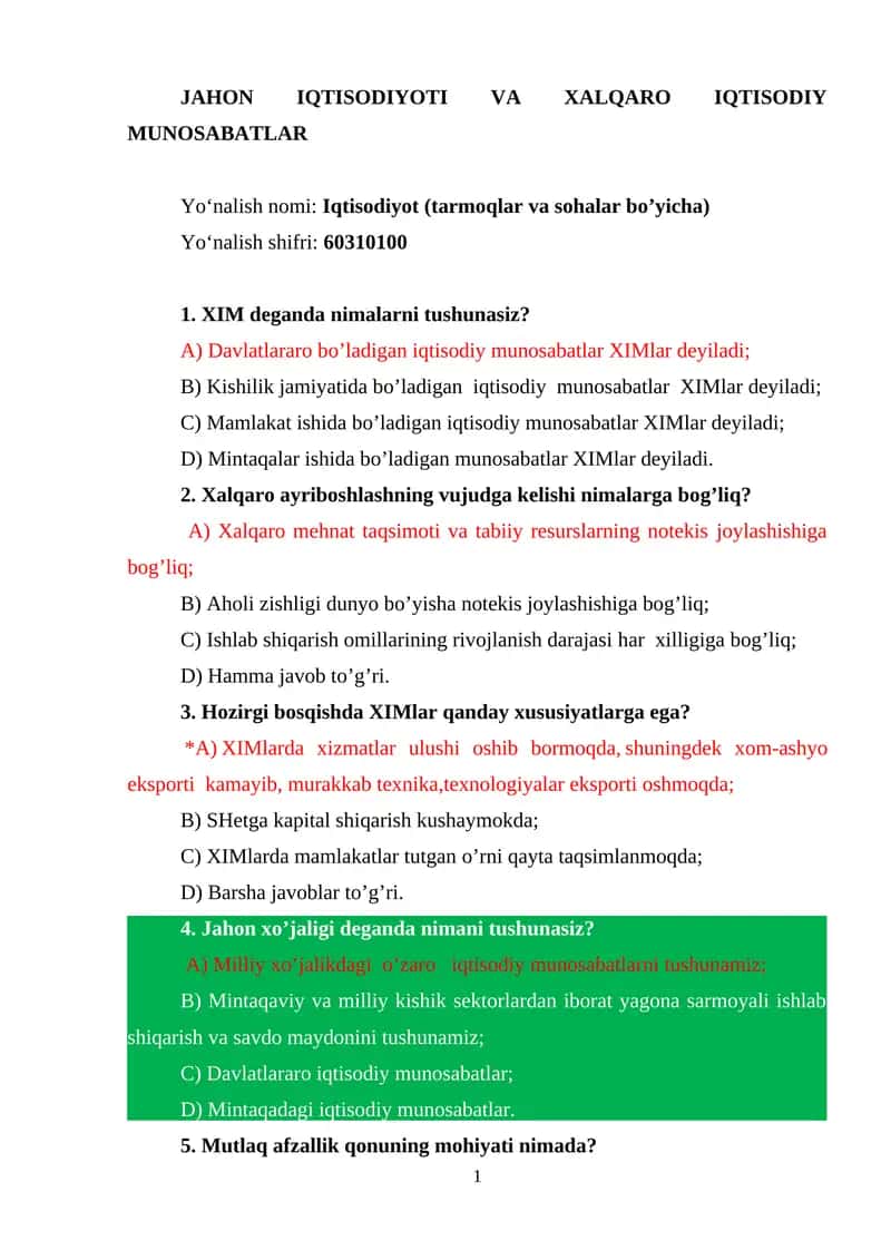 JAHON IQTISODIYOTI VA XALQARO IQTISODIY MUNOSABATLAR