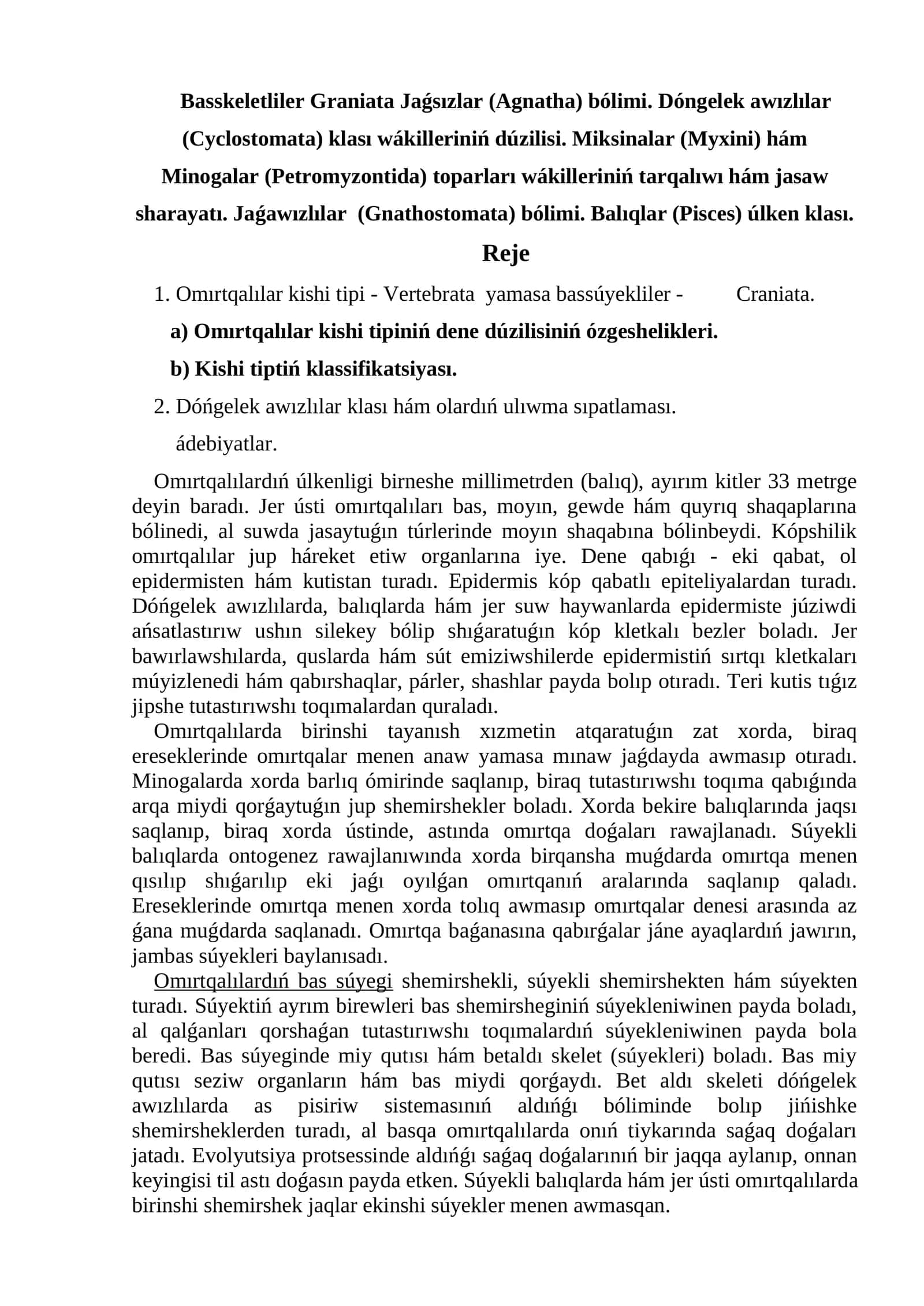 Basskeletliler Graniata Jaǵsızlar (Agnatha) bólimi