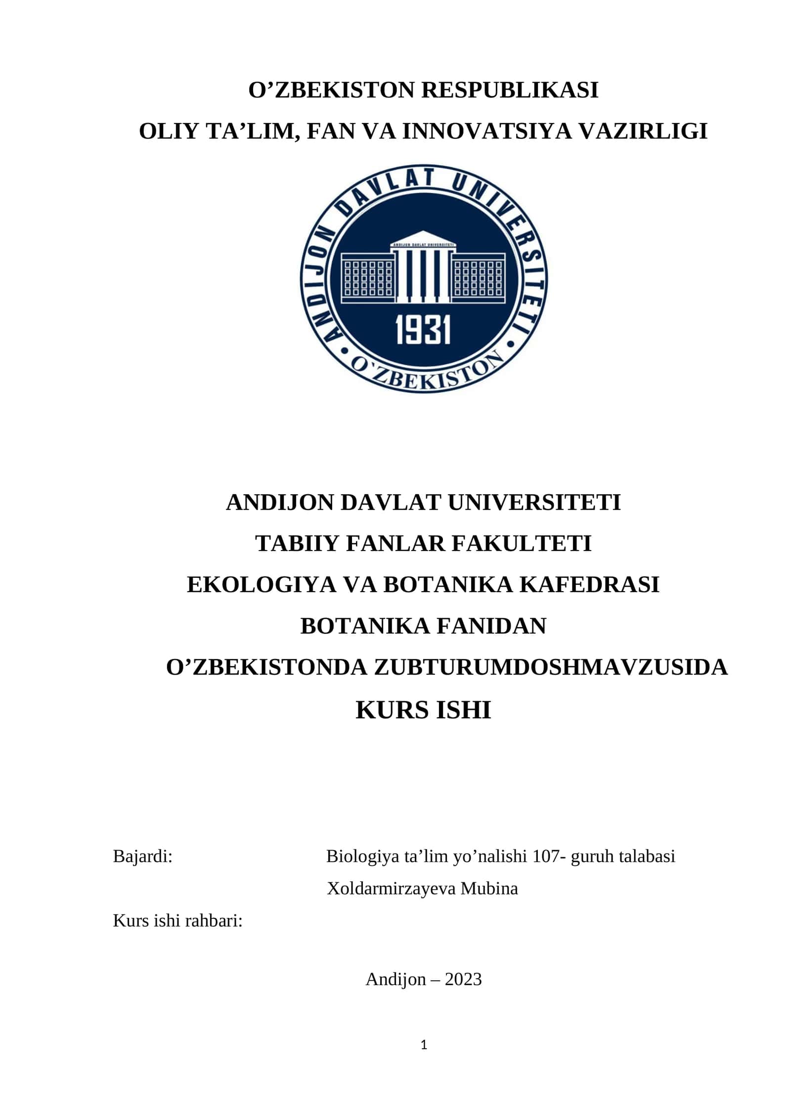 BOTANIKA FANIDAN O’ZBEKISTONDA ZUBTURUMDOSHMAVZUSIDA KURS ISHI