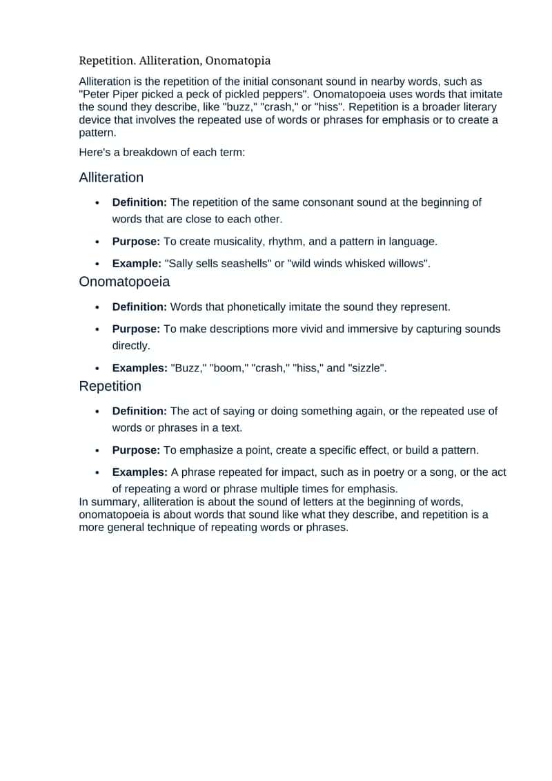 Alliteration, Onomatopoeia, Repetition