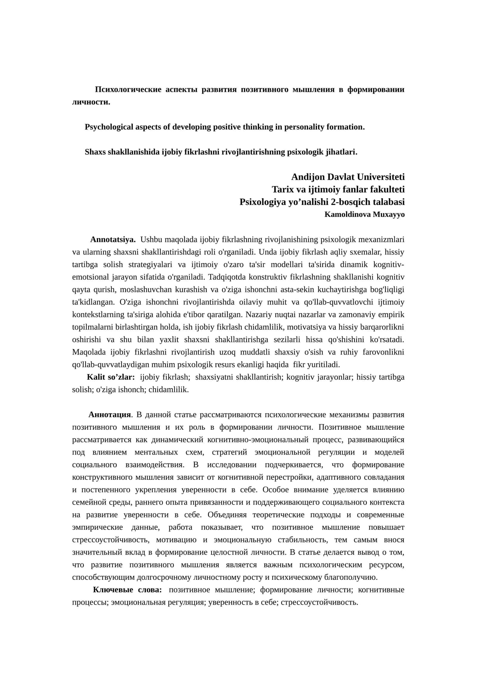 Psixologik mexanizmlari va ijobiy fikrlash