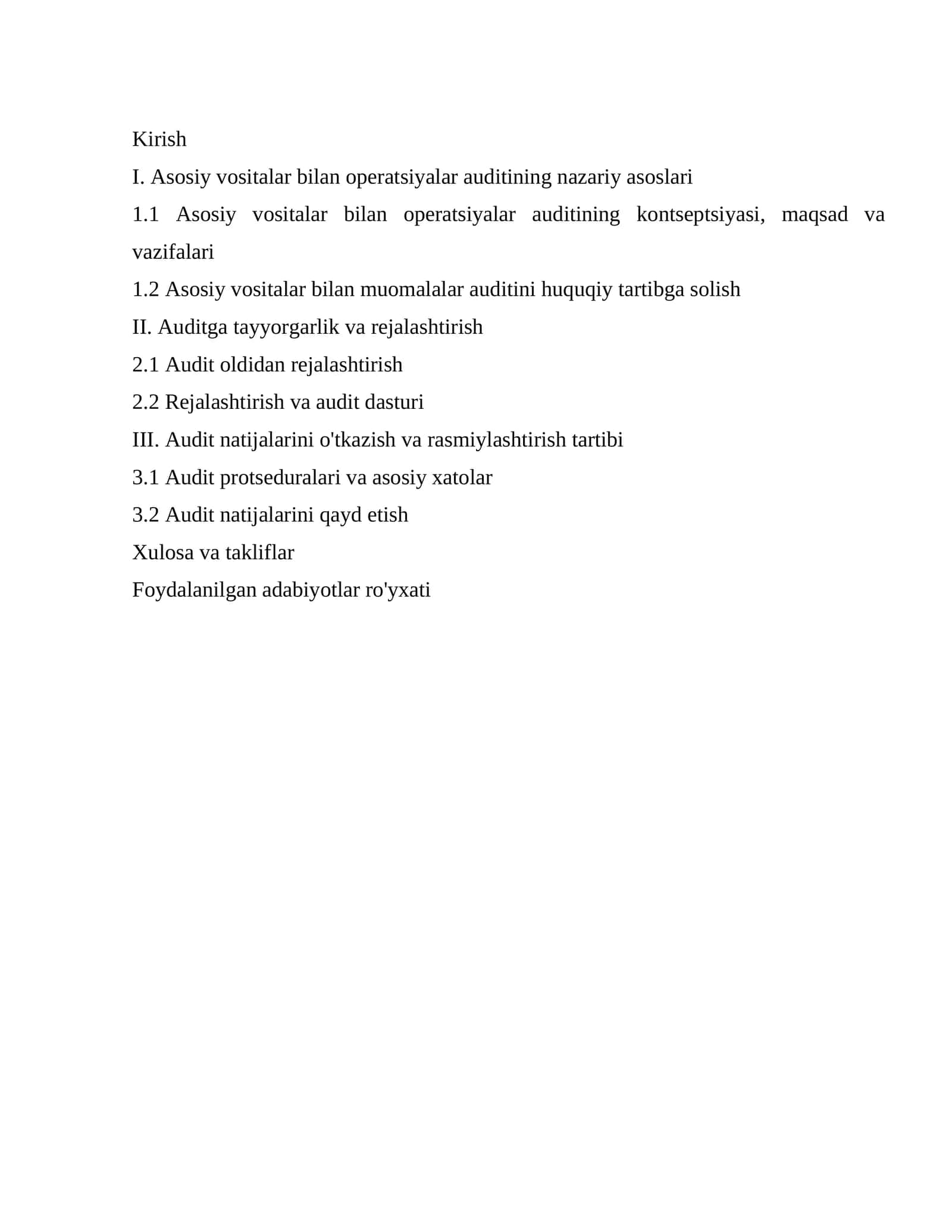 Asosiy vositalar bilan operatsiyalar auditining nazariy asoslari