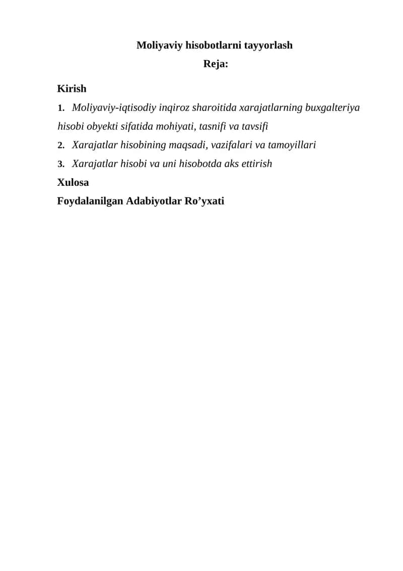 Moliyaviy-iqtisodiy inqiroz sharoitida xarajatlarning hisobi va auditini tashkil qilish