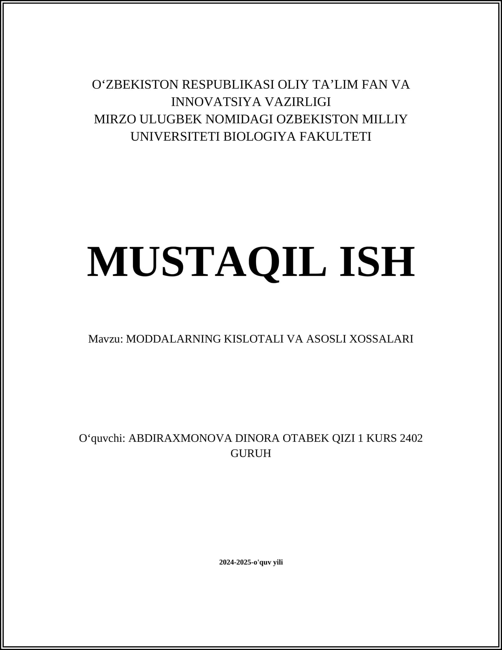 MODDALARNING KISLOTALI VA ASOSLI XOSSALARI