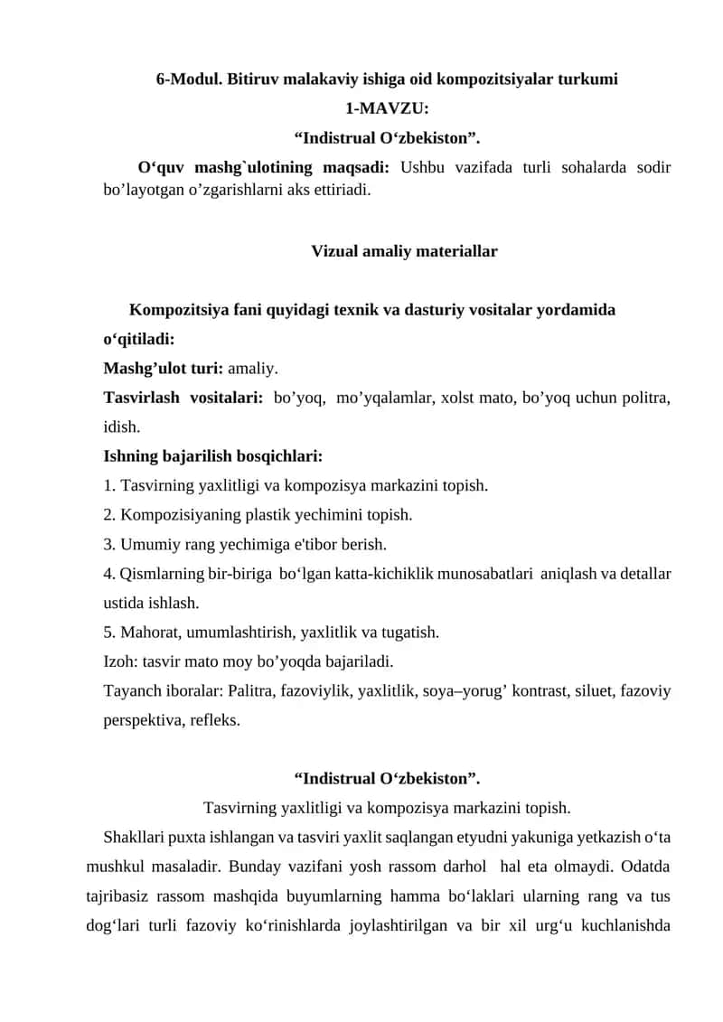 "6-Modul. Bitiruv malakaviy ishiga oid kompozitsiyalar turkumi"
