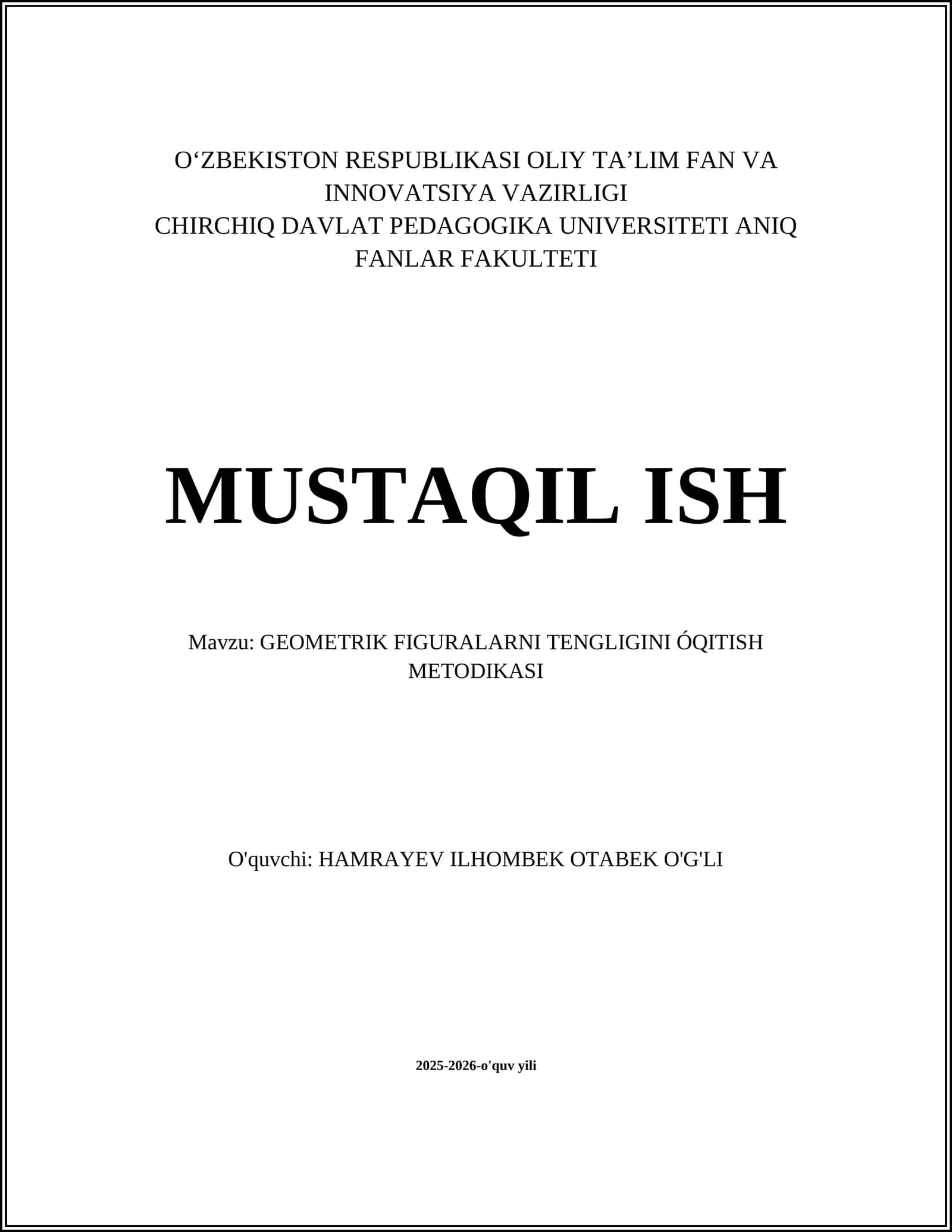 GEOMETRIK FIGURALARNI TENGLIGINI ÓQITISH METODIKASI