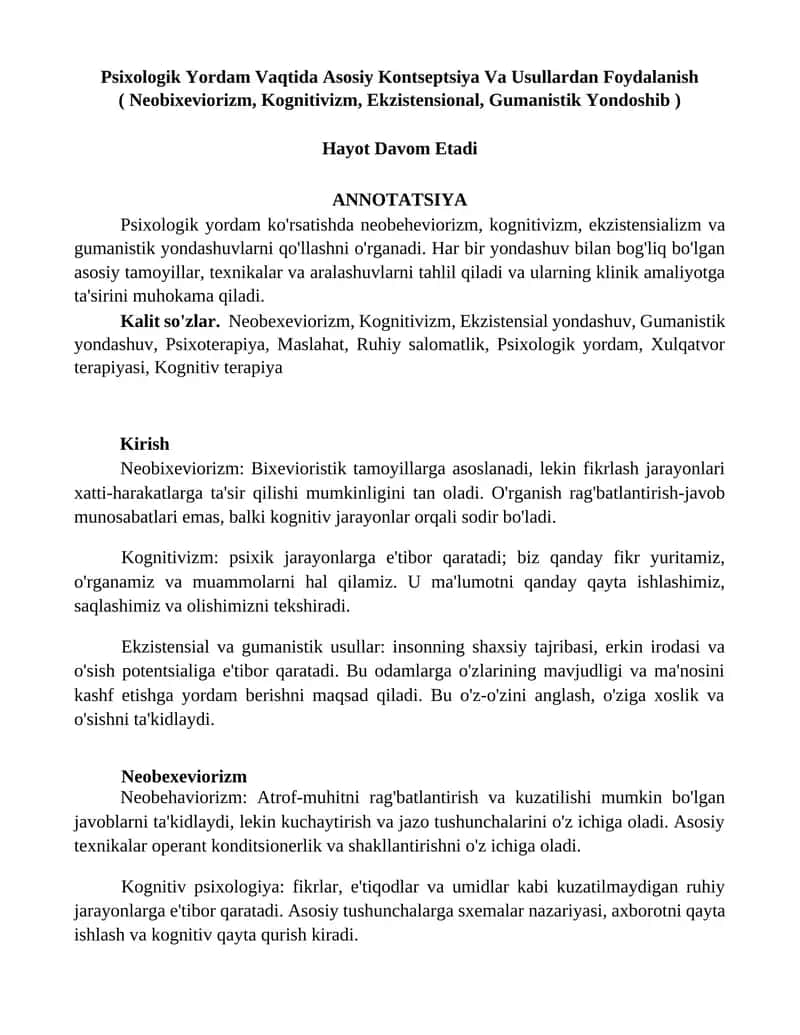 Psixologik Yordam Vaqtida Asosiy Kontseptsiya Va Usullardan Foydalanish