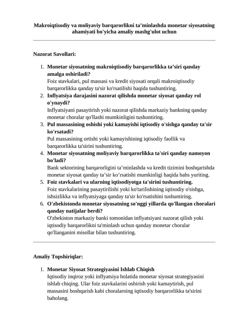 Monetar siyosatning ahamiyati va amaliyot