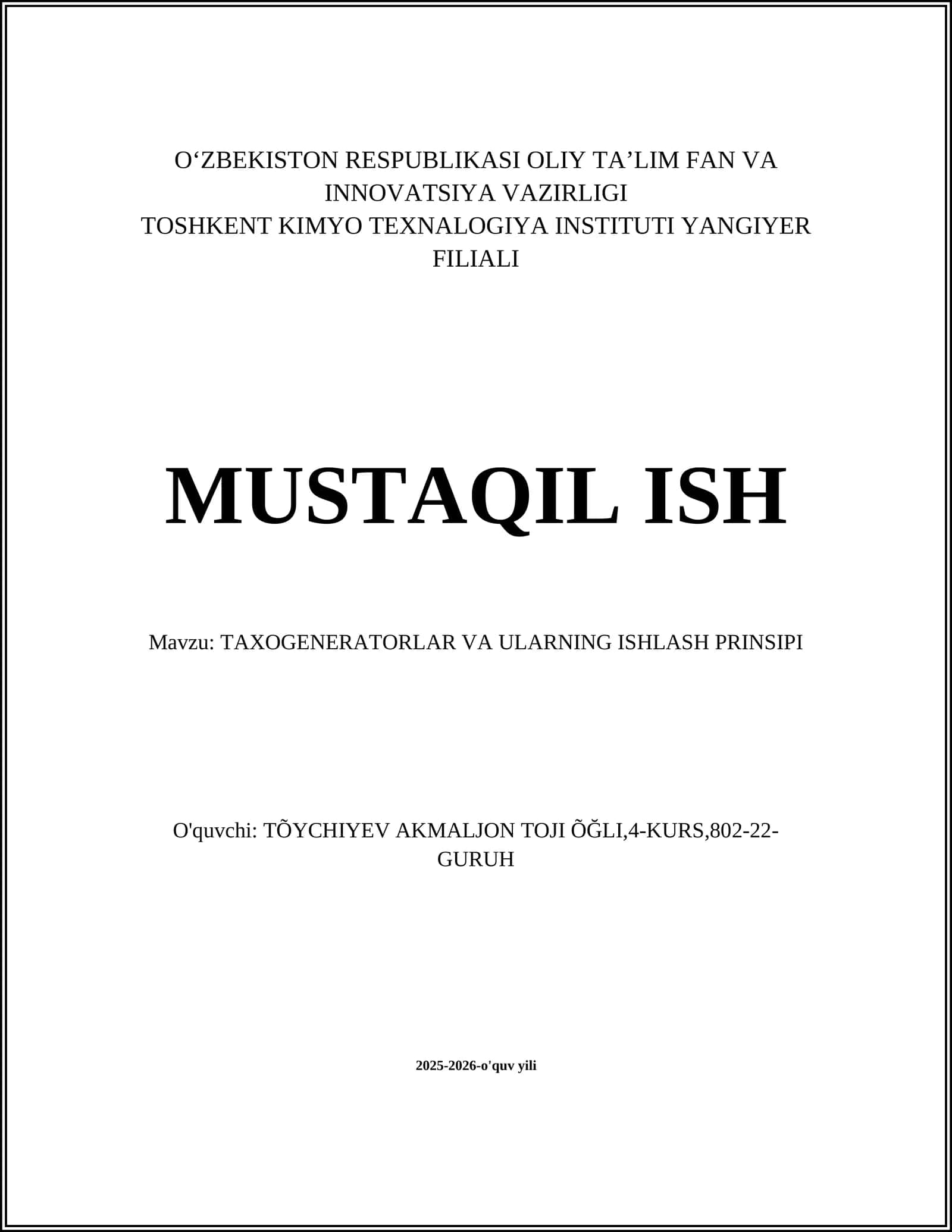TAXOGENERATORLAR VA ULARNING ISHLASH PRINSIPI