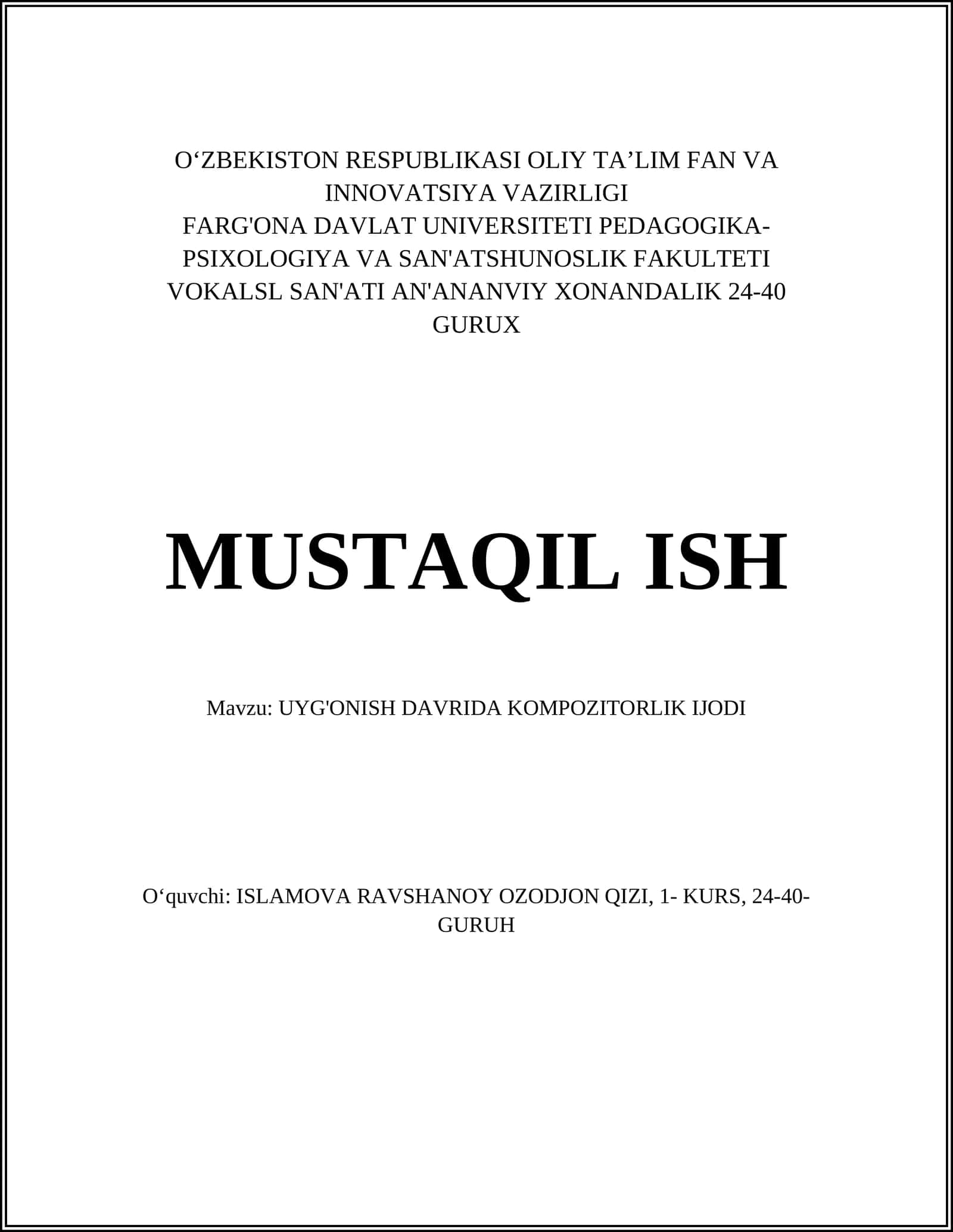 UYG'ONISH DAVRIDA KOMPOZITORLIK IJODI