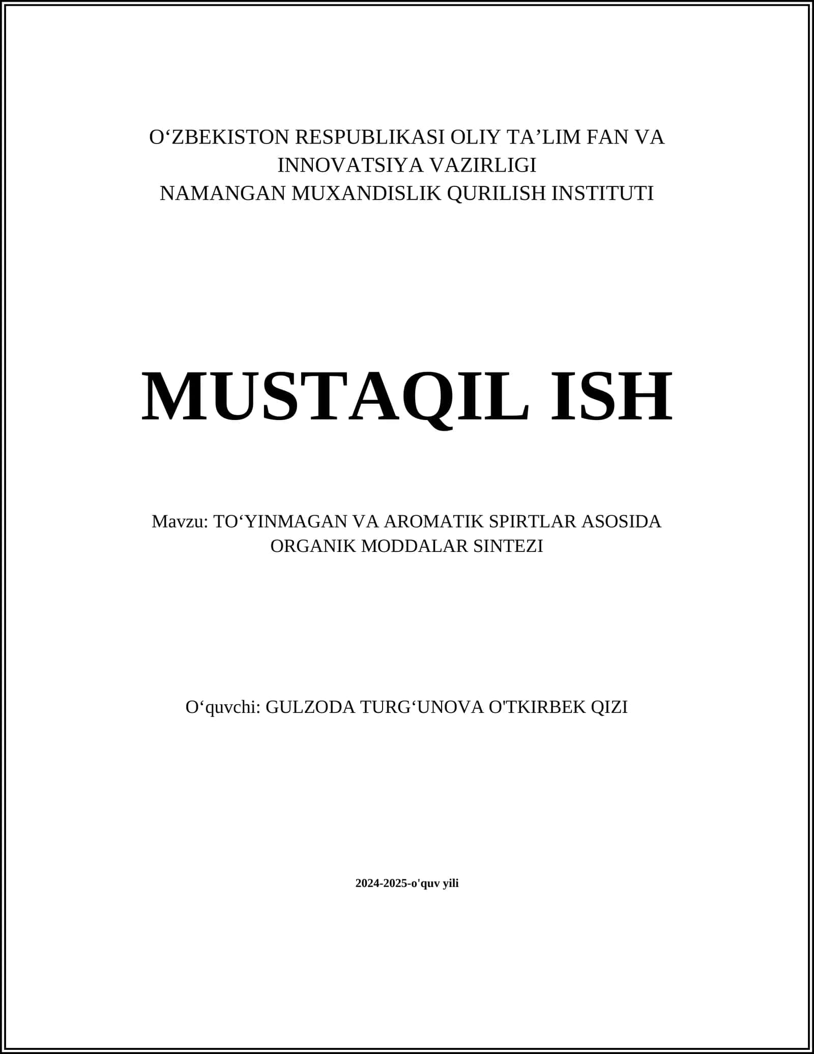 TOʻYINMAGAN VA AROMATIK SPIRTLAR ASOSIDA ORGANIK MODDALAR SINTEZI