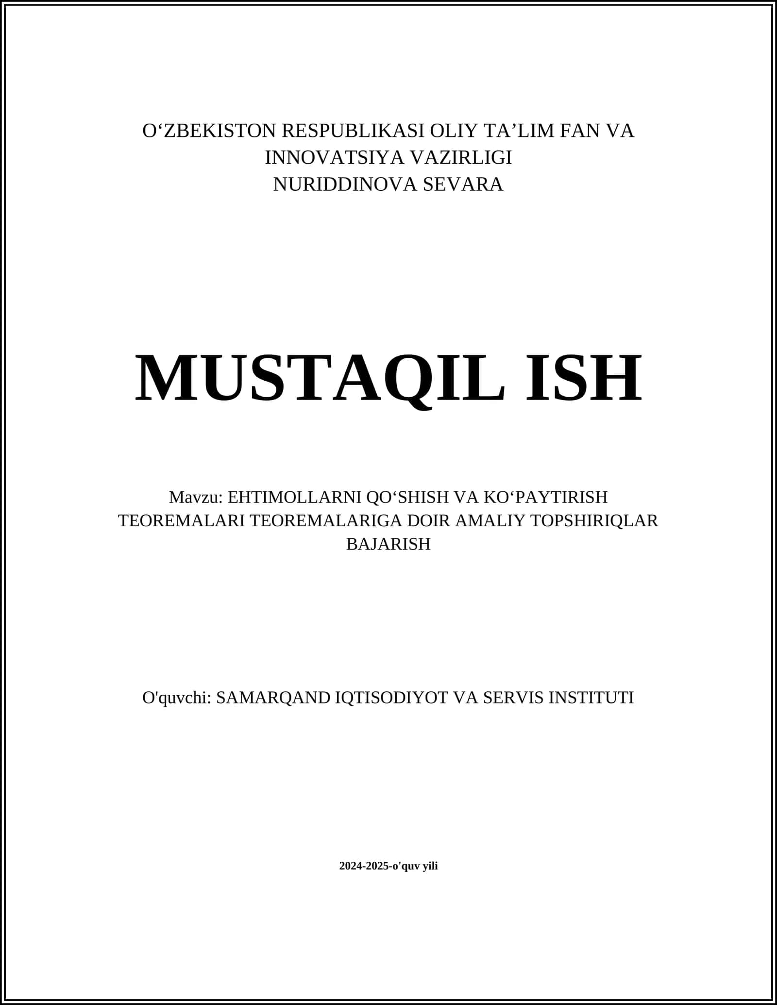 EHTIMOLLARNI QOʻSHISH VA KOʻPAYTIRISH TEOREMALARI TEOREMALARIGA DOIR AMALIY TOPSHIRIQLAR BAJARISH