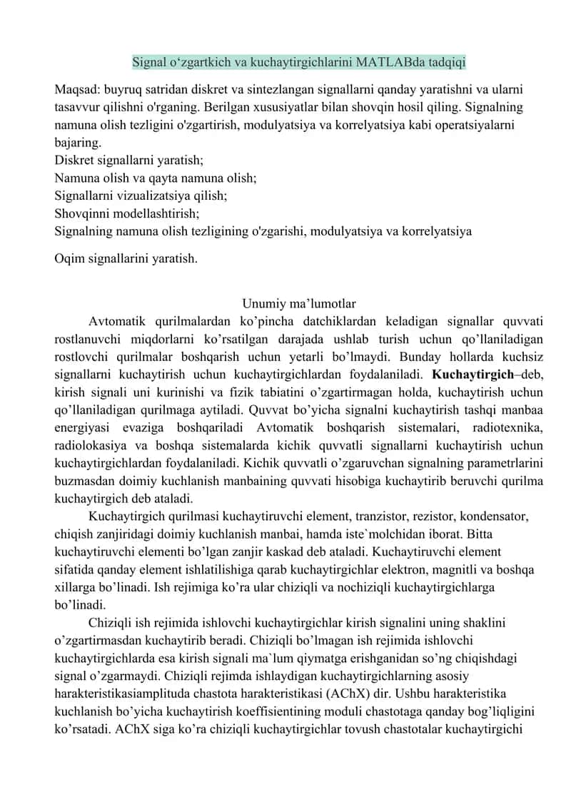 Signal o‘zgartkich va kuchaytirgichlarini MATLABda tadqiqi