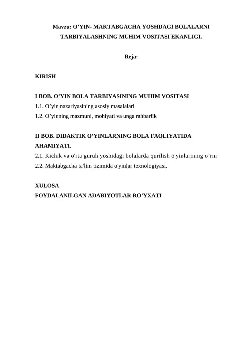 O’YIN- MAKTABGACHA YOSHDAGI BOLALARNI TARBIYALASHNING MUHIM VOSITASI