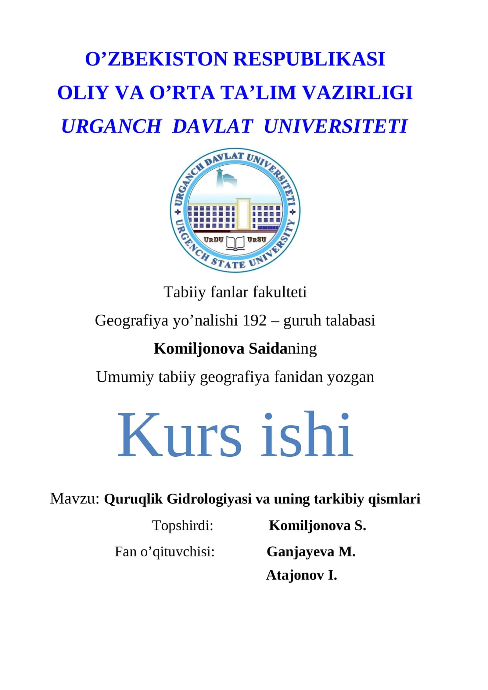 Quruqlik Gidrosferasi va uning tarkibiy qismlari