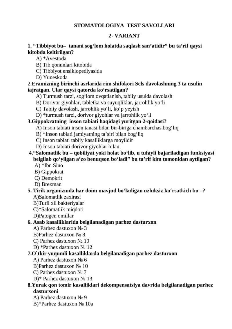 STOMATOLOGIYA TEST SAVOLLARI