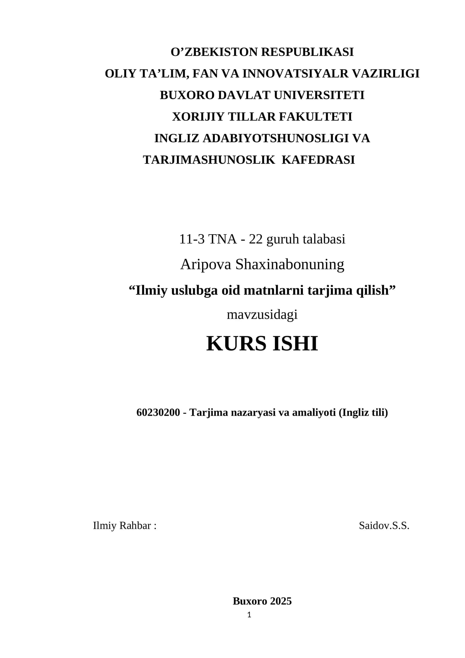 Tarjima nazaryasi va amaliyoti (Ingliz tili)