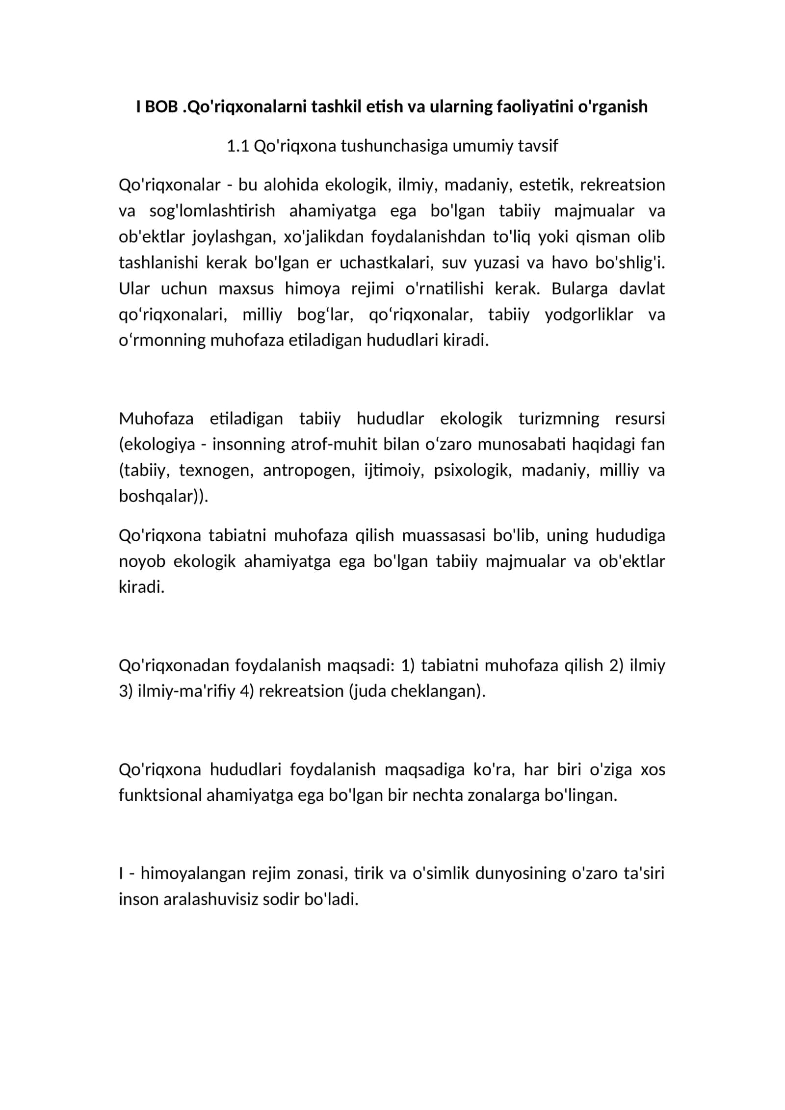 Qo'riqxonalarni tashkil etish va ularning faoliyatini o'rganish