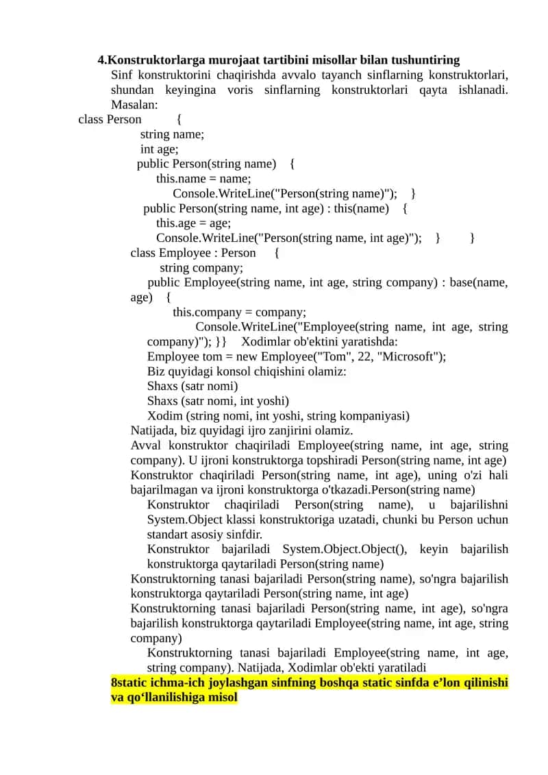 Konstruktorlarga murojaat tartibini misollar bilan tushuntiring