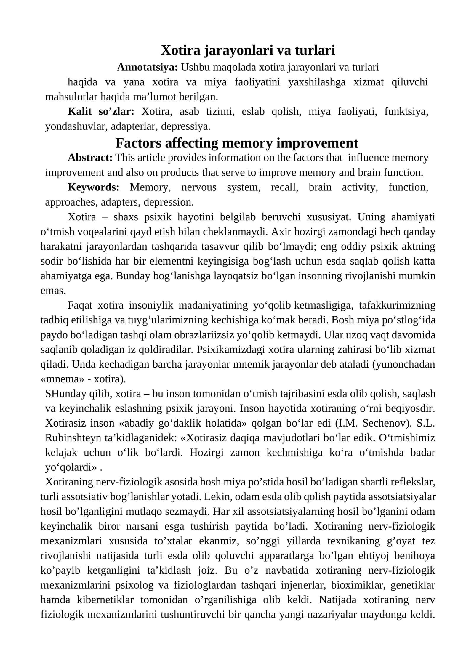 Xotira jarayonlari va turlari