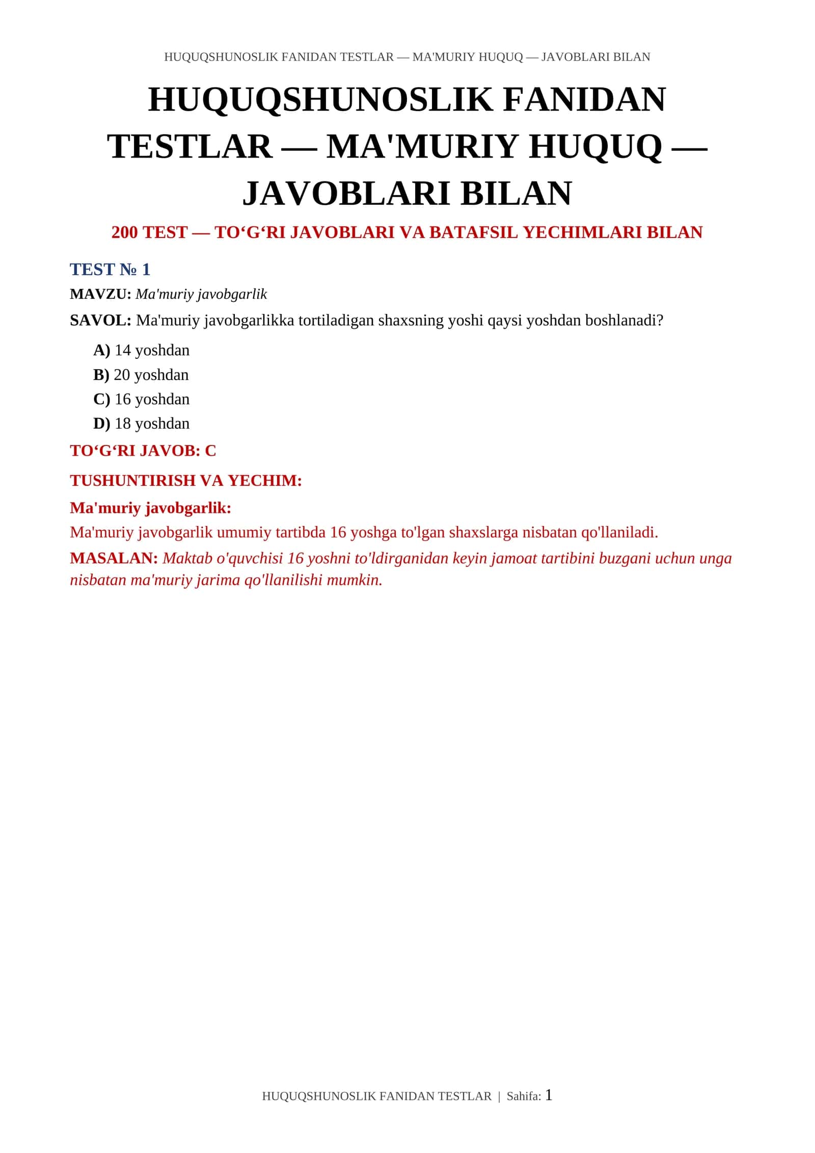 HUQUQSHUNOSLIK FANIDAN TESTLAR — MA'MURIY HUQUQ — JAVOBLARI BILAN