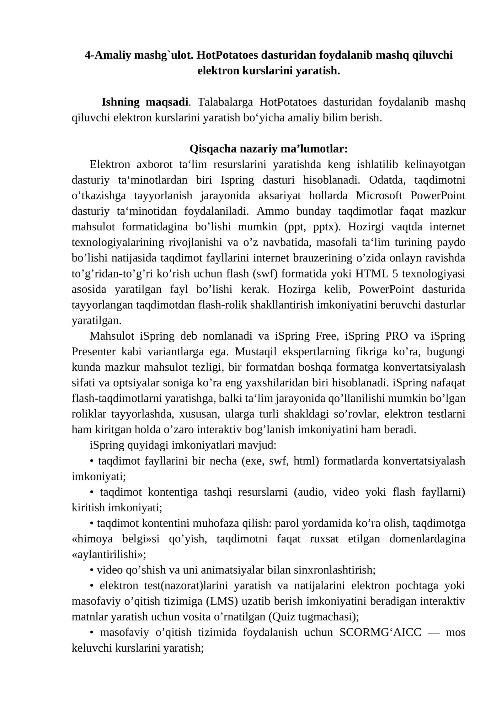 4-Amaliy mashg`ulot. HotPotatoes dasturidan foydalanib mashq qiluvchi elektron kurslarini yaratish